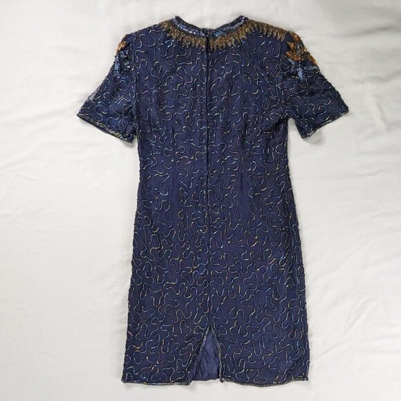 VTG Navy Blue Gold Silk Beaded Short Sleeve V Neck Formal Midi Dress - Picture 4 of 10